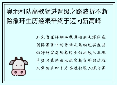 奥地利队高歌猛进晋级之路波折不断险象环生历经艰辛终于迈向新高峰