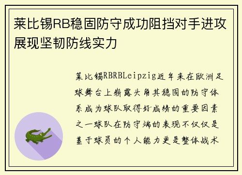 莱比锡RB稳固防守成功阻挡对手进攻展现坚韧防线实力