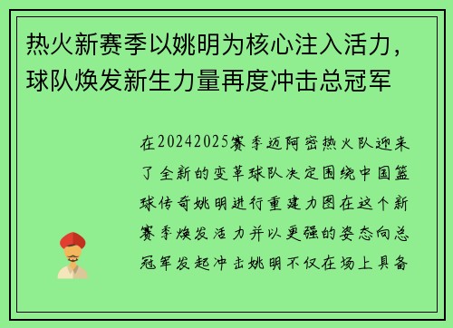 热火新赛季以姚明为核心注入活力，球队焕发新生力量再度冲击总冠军