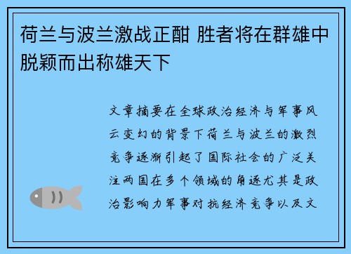 荷兰与波兰激战正酣 胜者将在群雄中脱颖而出称雄天下