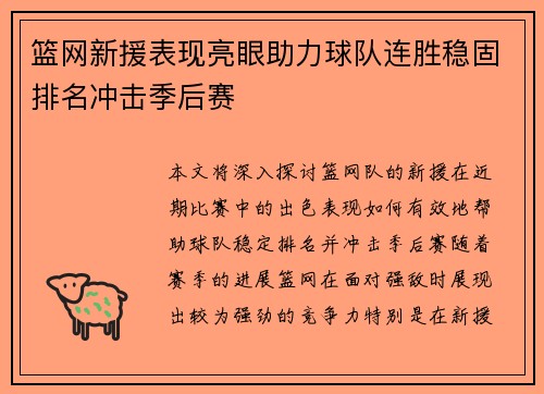 篮网新援表现亮眼助力球队连胜稳固排名冲击季后赛