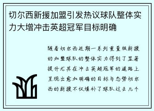 切尔西新援加盟引发热议球队整体实力大增冲击英超冠军目标明确