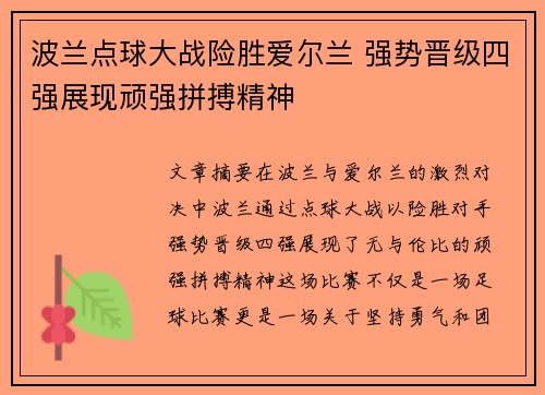 波兰点球大战险胜爱尔兰 强势晋级四强展现顽强拼搏精神