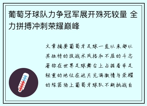 葡萄牙球队力争冠军展开殊死较量 全力拼搏冲刺荣耀巅峰