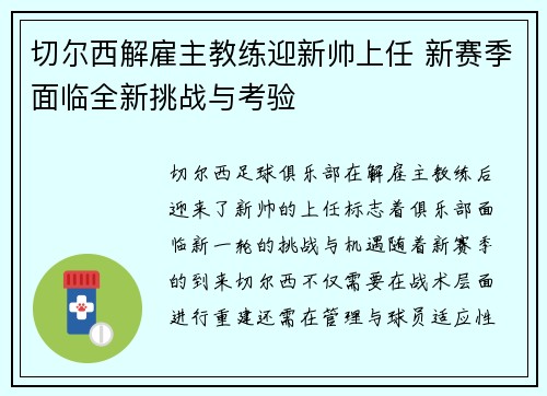 切尔西解雇主教练迎新帅上任 新赛季面临全新挑战与考验