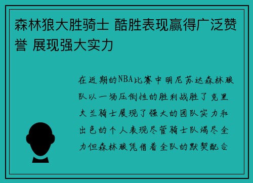 森林狼大胜骑士 酷胜表现赢得广泛赞誉 展现强大实力