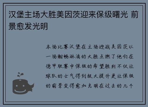 汉堡主场大胜美因茨迎来保级曙光 前景愈发光明