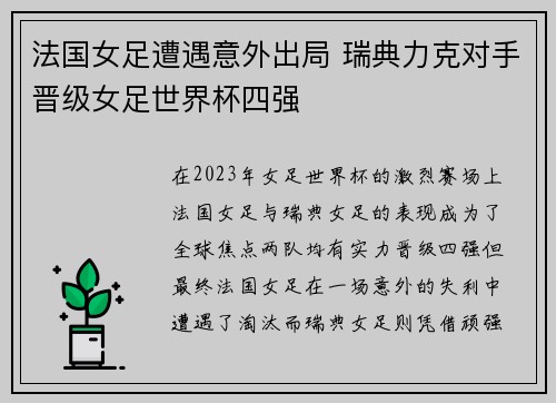 法国女足遭遇意外出局 瑞典力克对手晋级女足世界杯四强