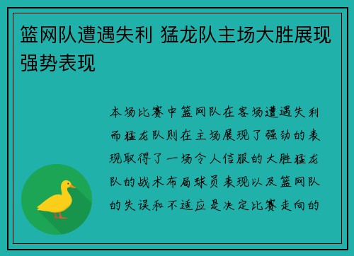 篮网队遭遇失利 猛龙队主场大胜展现强势表现