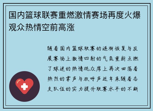 国内篮球联赛重燃激情赛场再度火爆观众热情空前高涨